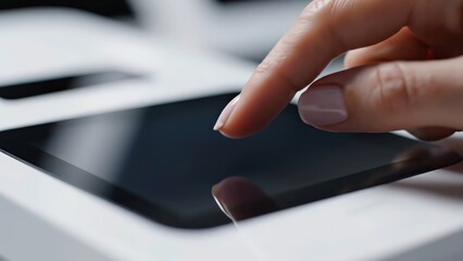 Close-up of female hand using fingerprint scanner on device screen, displaying fingerprint pattern and access granted message in a modern technology setting
