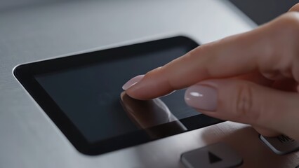 Finger touches biometric scanner screen, fingerprint recognition displayed, followed by green access granted notification on digital interface in a modern security system