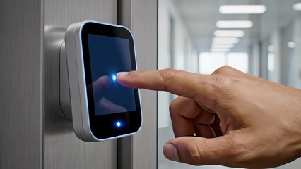 Hand pressing digital access control panel, followed by display showing access granted, indicating successful entry into a modern office environment with sleek design