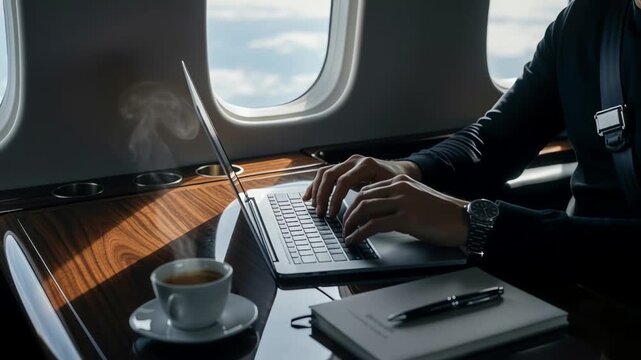 Businessman typing on a laptop with steaming coffee in a luxurious private jet cabin for executive productivity concept and high-end remote work