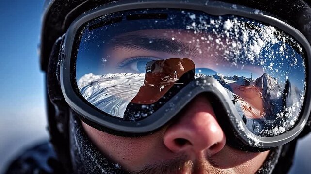 Closeup of a skiers goggles with snowy mountain reflection