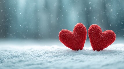 Fototapeta premium Two red hearts resting on pristine snow forming a simple winter love banner