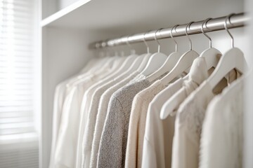 Obraz premium Minimalist white wardrobe with garments on a rail in a bright, organized closet