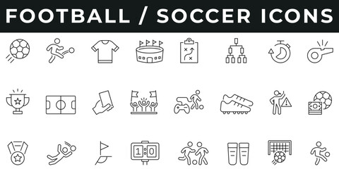 Football Icons vector illustration with thin line editable stroke containing player, soccer goal, dribble, scoreboard, corner flag, goalkeeper, medal, bet, referee, cleats, fans, e sports, yellow card © Clerk