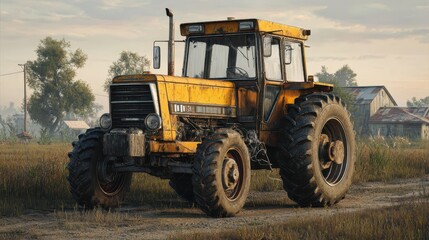 Close-up frontal shot of a yellow farming tractor in a rural field