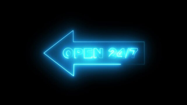 Neon Open 24/7 Arrow Sign Glowing Blue on Black Background Loop Animation 4k .