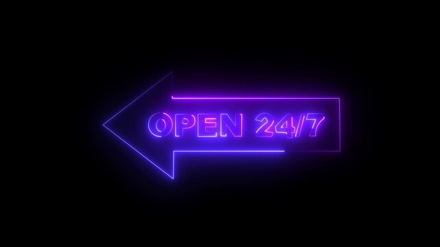 Neon Open 24/7 Arrow Sign Glowing  on Black Background Loop Animation .