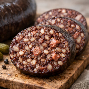 Close-up food photography of sliced Spreewald gr&uuml;tzwurst, showing rich sausage texture and grains, styled professionally with soft natural light on a neutral background, high realism, authentic German