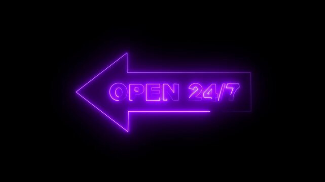 Neon Open 24/7 Arrow Sign Glowing Blue on Black Background Loop Animation .