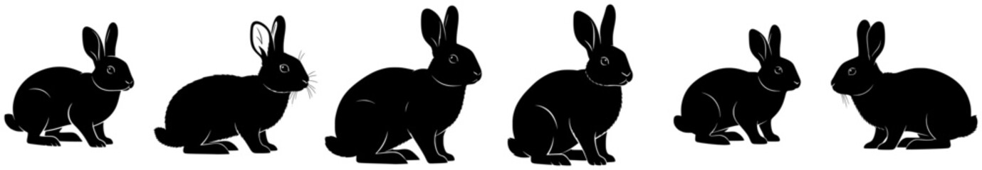 A set of six silhouettes of hares in various poses, animal, black, illustration, profile, rabbit, against transparent background © Guli Studio