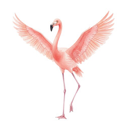 Pink flamingo vector illustration with open wings in a graceful pose. Beautiful pink flamingo bird on clean white background. Exotic bird design displays happy moment. © SunwArt