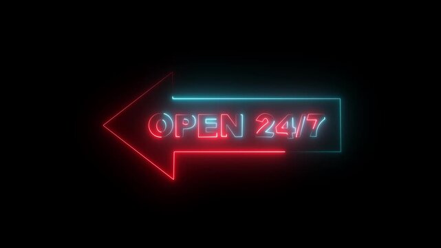 Neon Open 24/7 Arrow Sign Glowing red on Black Background Loop Animation .