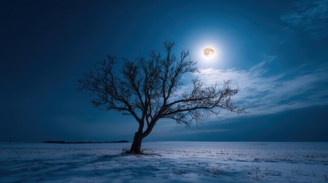 Haunting Night Landscape: Eerie Tree Against a Bright Full Moon