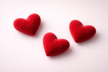 Obraz premium Three plush red hearts on a clean light background representing warmth, care and romantic feelings. Minimal still life composition for love and holiday concepts