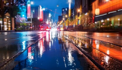 Obraz premium vibrant city lights reflecting on a wet street at night creating a colorful and abstract scene