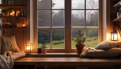 warm cozy nook by large window during rain soft vintage lighting rustic tones