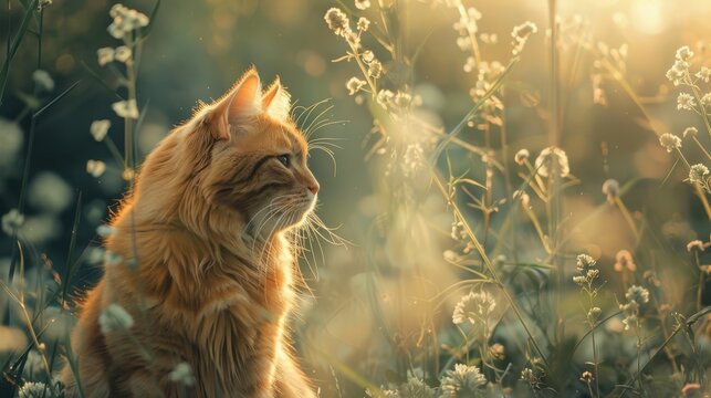 Bluestar Flowers Spring Cat Beautiful Light Peaceful