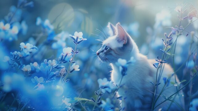 Bluestar Flowers Spring Cat Beautiful Light Peaceful