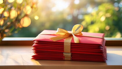stack of red envelopes tied with golden ribbon resting on a windowsill warm afternoon light blurred garden background celebration and gifting concept