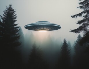 ufo flying above foggy forest analog photography photo of a ufo in the sky