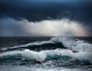 Naklejka premium epic seascape storm over the sea huge wave breaking on the shore dark clouds