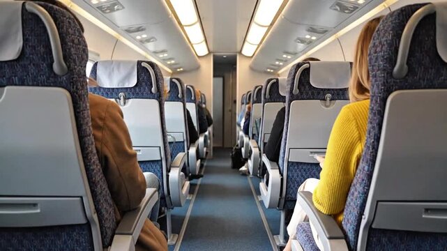 Modern passenger transport interior showing seats and windows inside a train and airplane cabin with a clean, empty travel environment