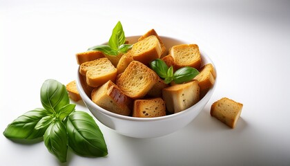 seasoned croutons in white bowl with fresh basil leaves on white background symbolizing culinary texture rustic garnish and editorial food styling for lifestyle and recipe use