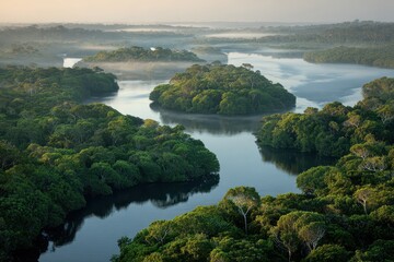 Fototapeta premium Dense green canopy and calm water reflecting a misty rainforest landscape in a remote park