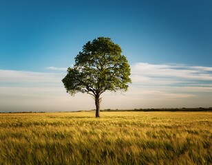 a single tree growing tall and straight in an open field symbolizing resilience and upward growth