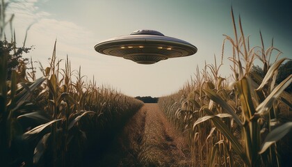 vintage grainy film photo of ufo flying over a corn field analog photography