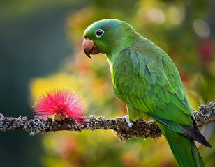 green parrot bird on a branch with flower