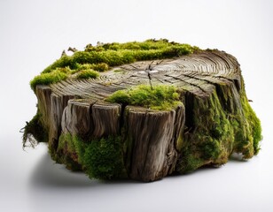 weathered tree stump with moss on white background