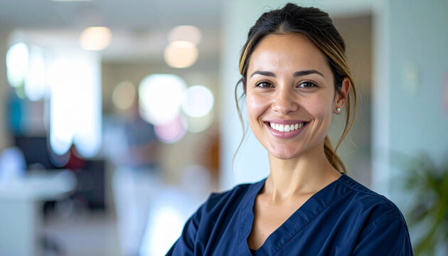 Female doctor in dark blue scrubs, smiling warmly, posed in modern clinic, friendly medical background