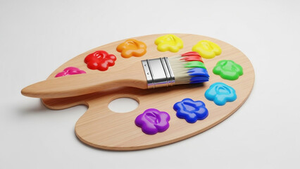 Artists palette with vibrant paints and brush in creative messy arrangement on wooden texture for art education