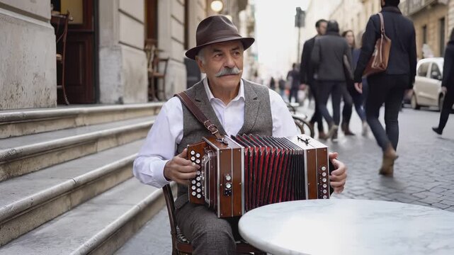 Musician plays accordion on a bustling street, capturing the essence of urban life, with a gradual zoom in on the performer and surroundings