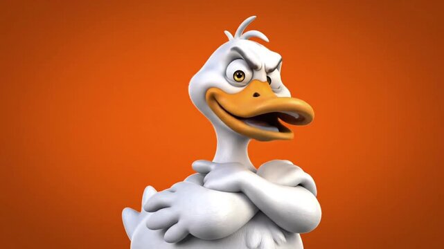 A cartoon duck with an angry expression is depicted in a 3D illustration with its arms crossed