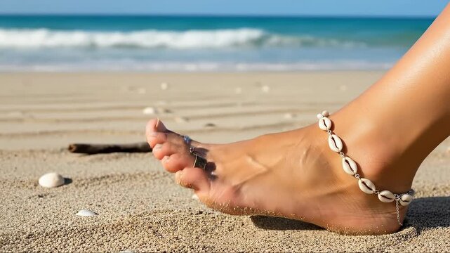 Barefoot beach walk with shell anklet by the ocean's edge