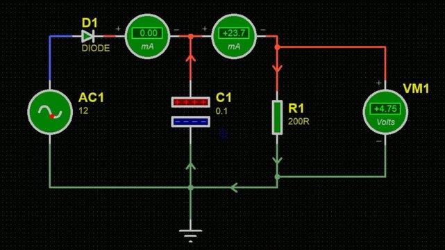 Video animation with schematic diagram of electrical 
circuit with capacitor, resistor, diode, alternating 
voltage source (oscillator), voltmeter, ammeter, conductors.  The flow charged electrons.