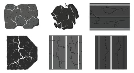 Collection of cracked asphalt textures and road surfaces with white lane markers