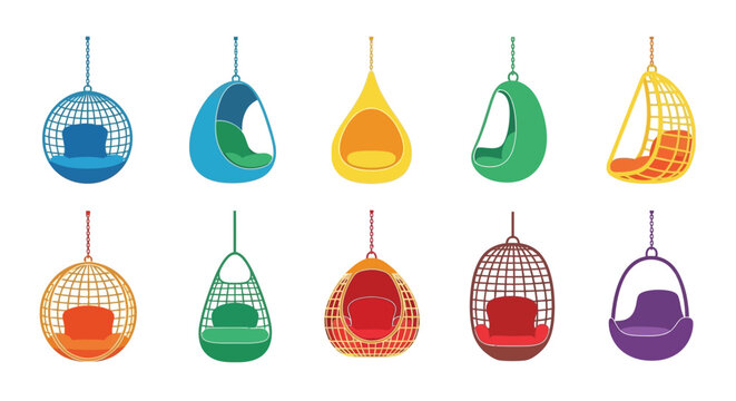 Diverse collection of vibrant hanging pod chairs and egg chairs in various contemporary designs