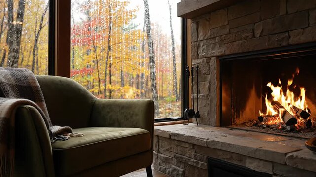 Cozy armchair by fireplace, autumn forest with rain outside window