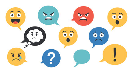 Obraz premium Diverse Emotional Expressions Conveyed Through Stylized Speech Bubbles and Emoticons