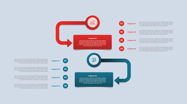 2 points comparison for infographic with glossy gradient style with rectangle box with arrow and circle line stacked list with two point list information