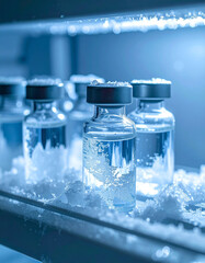 Glass medicine vials inside frost-covered refrigeration box, pharmaceutical storage and healthcare concept
