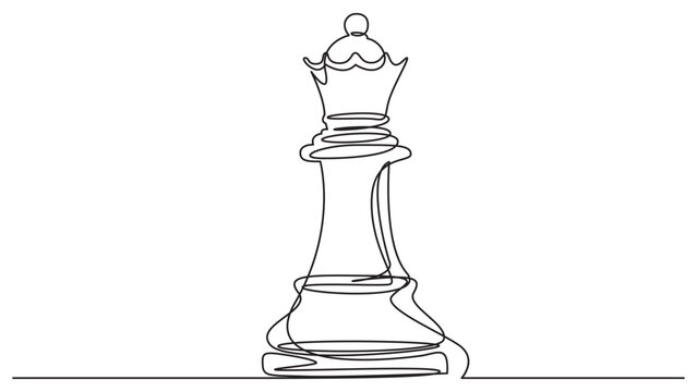 Continuous line drawing of a chess queen piece, elegant strategy symbol, isolated on white background