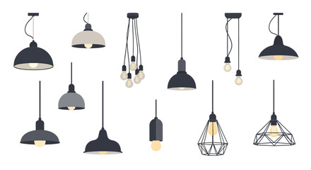 Plakat A diverse collection of modern pendant light fixtures illuminating spaces with varied designs