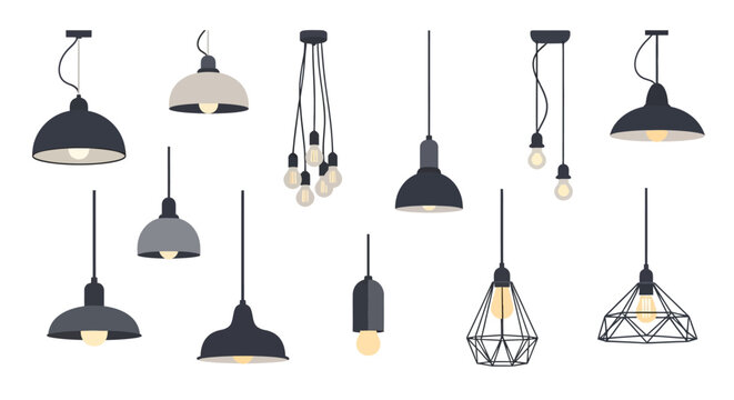 A diverse collection of modern pendant light fixtures illuminating spaces with varied designs