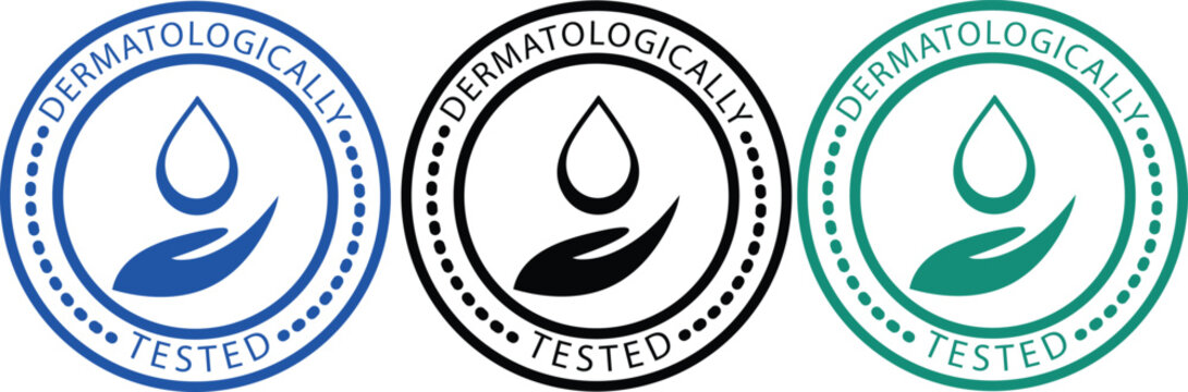 Collection of dermatologically tested badges featuring a hand and water drop icon for cosmetic and skincare product certification isolated on white