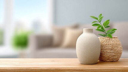 Modern decor with vases and greenery in a bright living room