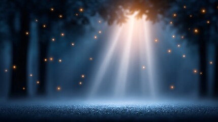 Mysterious glow of fireflies illuminating a misty forest clearing under moonlight